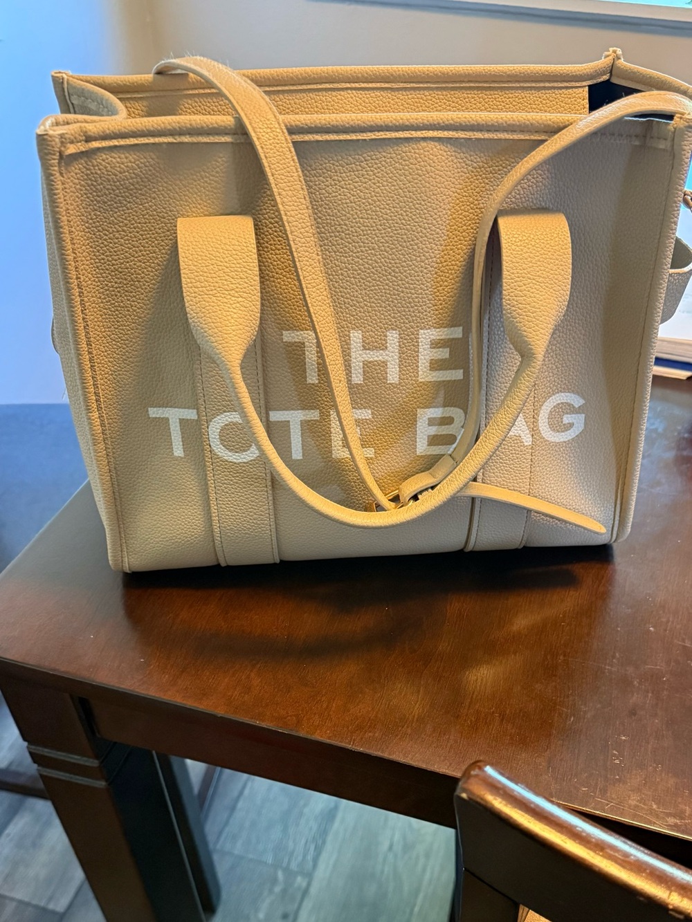 Source Unknown Beige Leather Tote with Top Handles